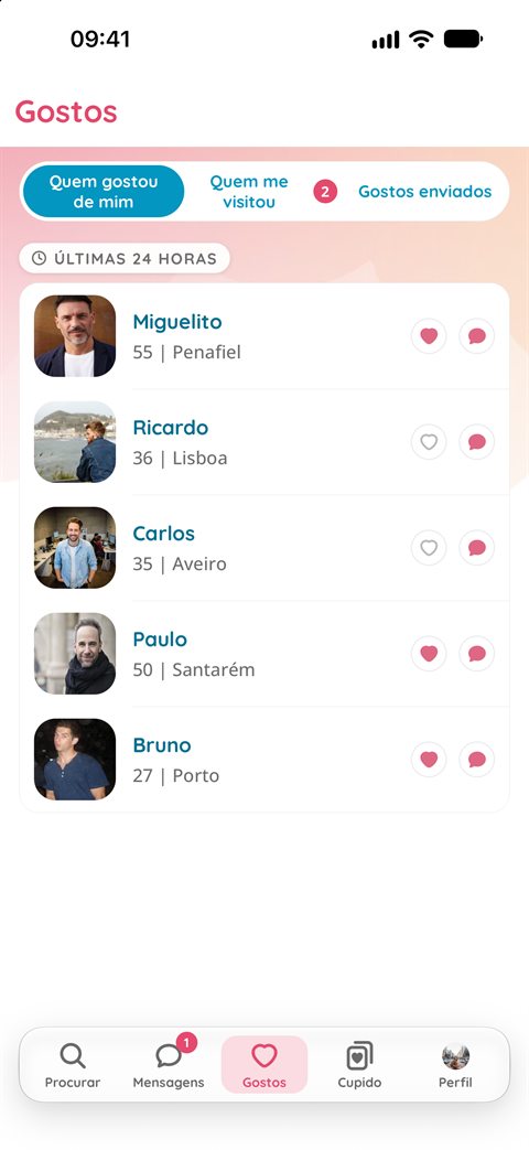 Ecrã Gostos da app Felizes