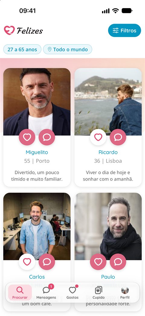 Ecrã Procurar da app Felizes