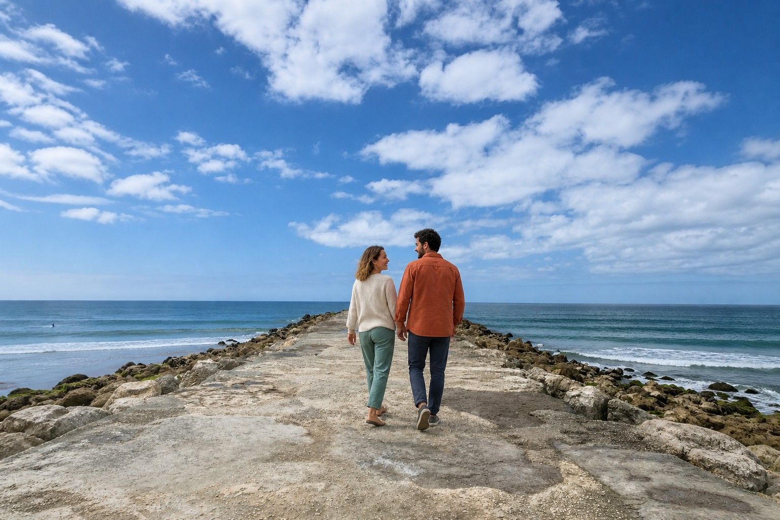 Casal a caminhar num percurso público junto ao mar em Almada