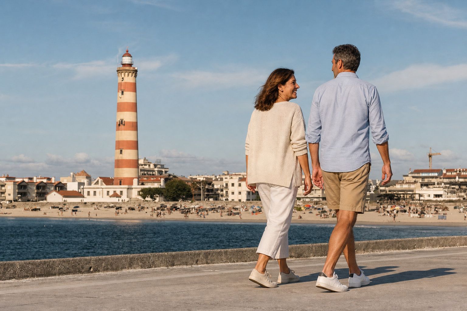 Casal junto aos canais de Aveiro com um moliceiro ao fundo