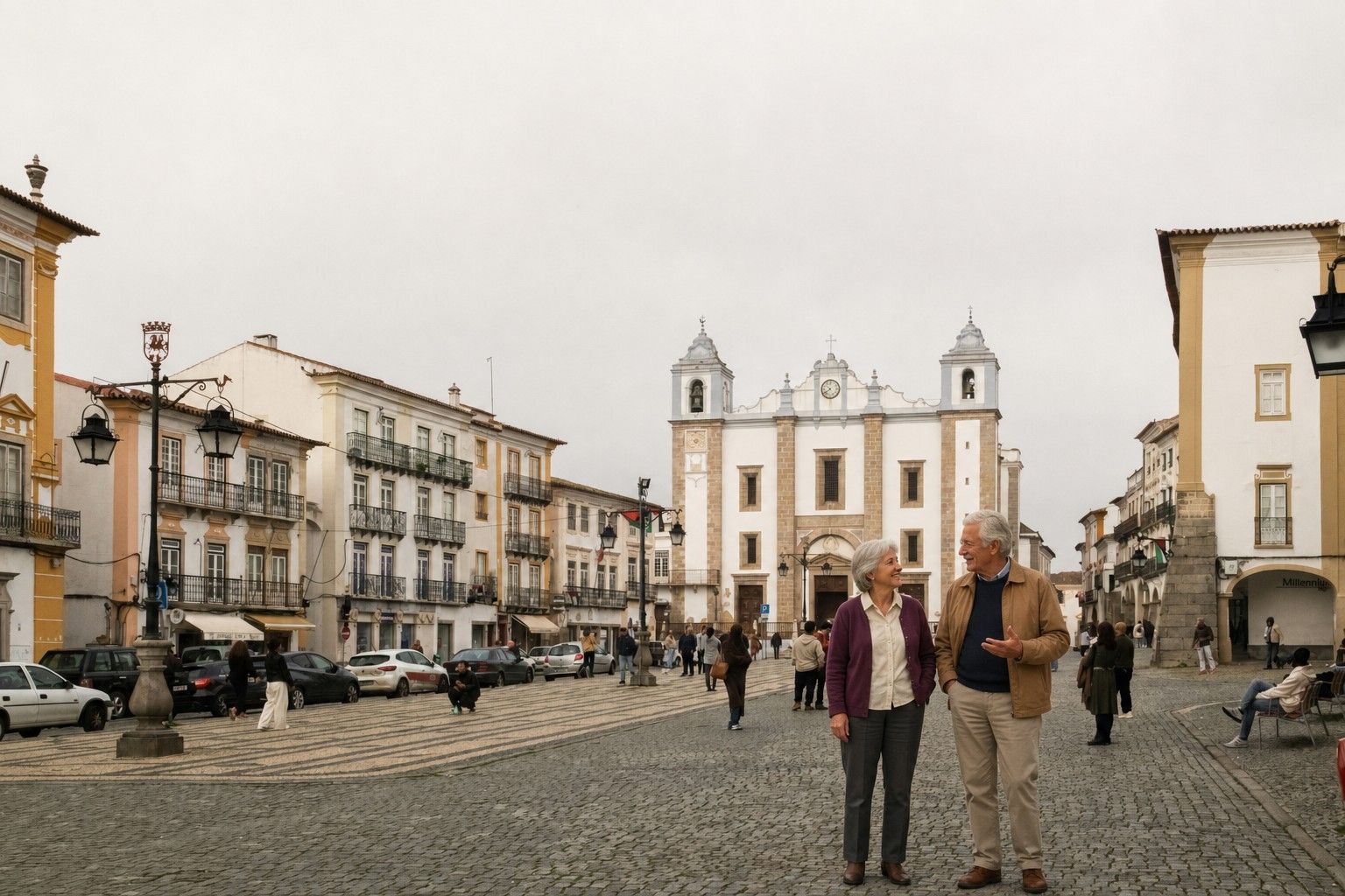 Casal a caminhar na Praça do Giraldo em Évora