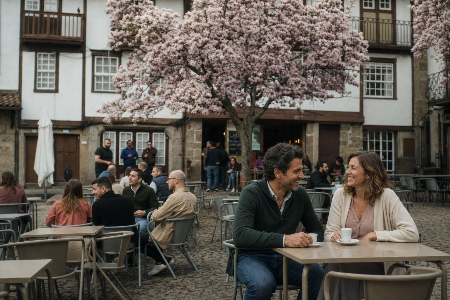 Casal a caminhar numa rua do centro histórico de Guimarães