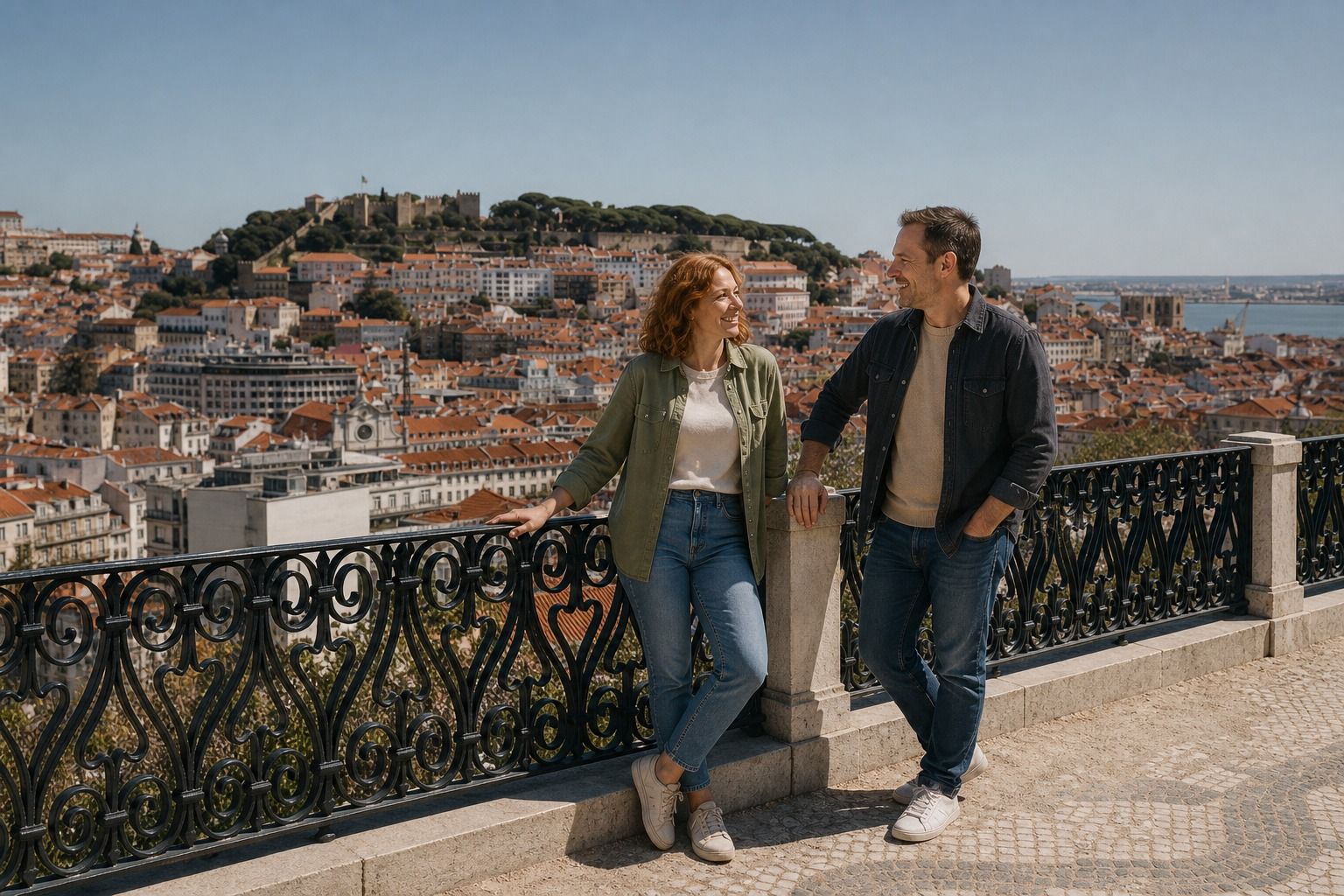 Casal num miradouro de Lisboa com o Castelo de São Jorge ao fundo