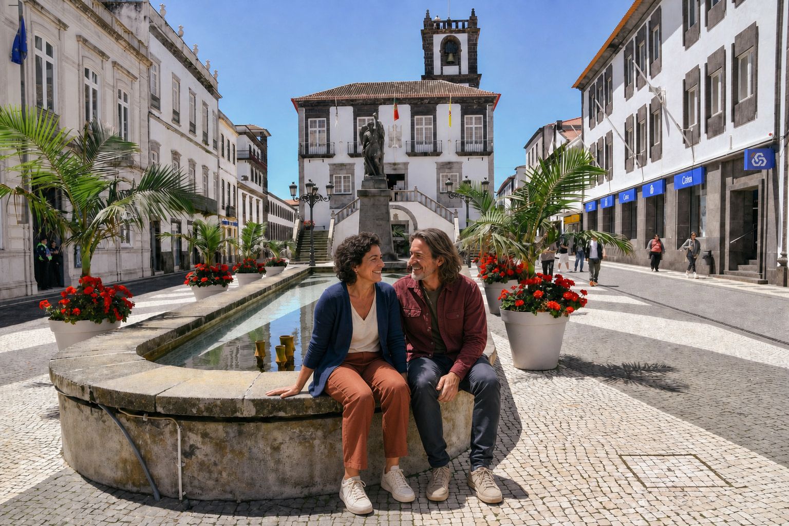 Casal sentado junto a uma fonte numa praça de Ponta Delgada