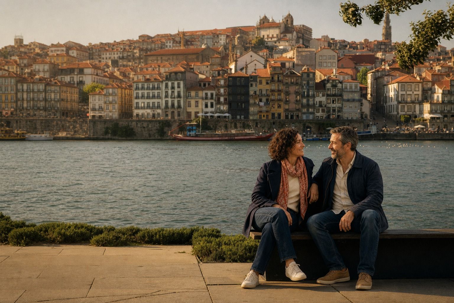 Casal sentado junto ao Douro com a Ribeira do Porto ao fundo